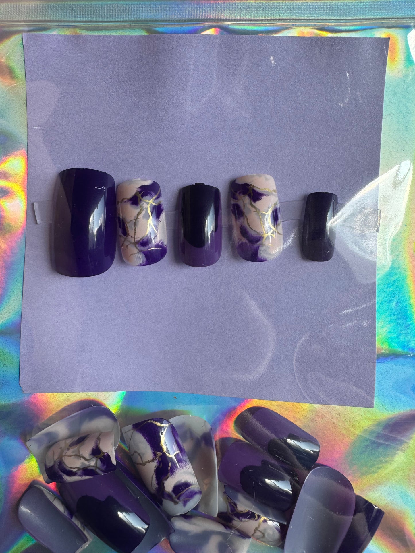 Press On Nails: Short Square Purple Gold Marble