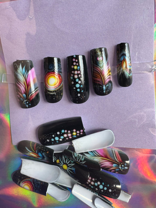 Press On Nails: Medium Square Black Boho Style