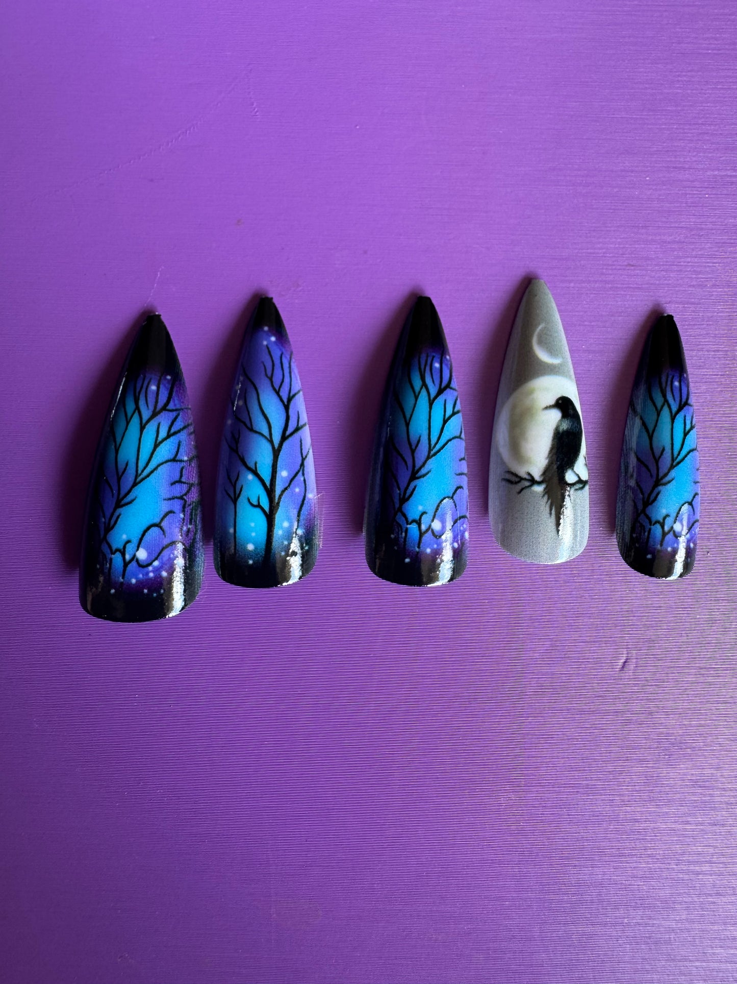 Press On Nails: Long Stiletto Blue Trees & Crows
