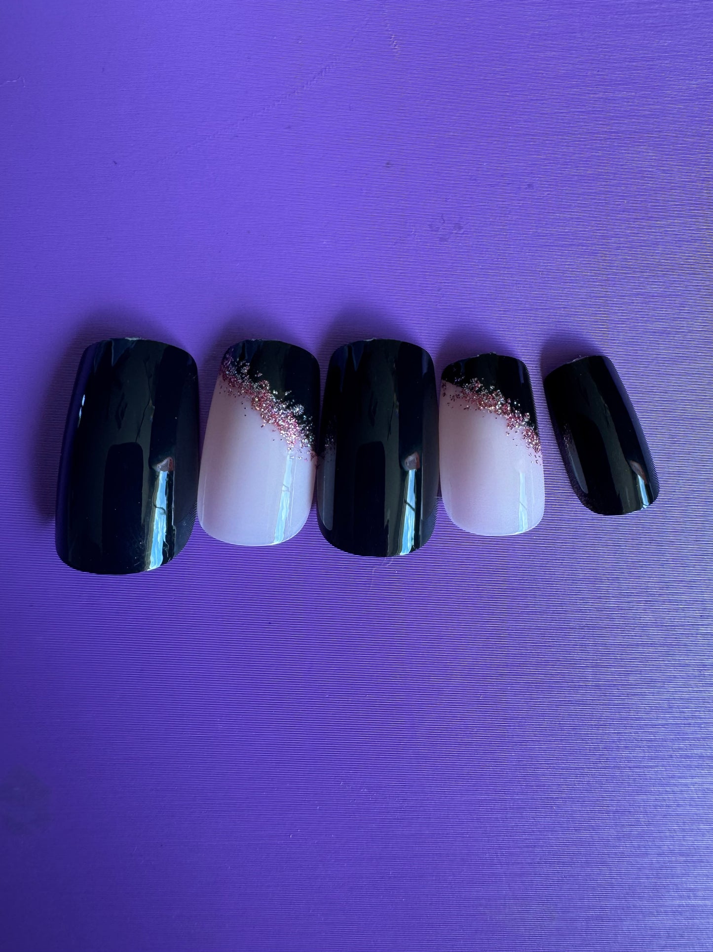 Press On Nails: Short Square Black Pink Glitter
