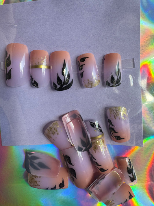 Press On Nails: Short Square Soft Pink with Leaves