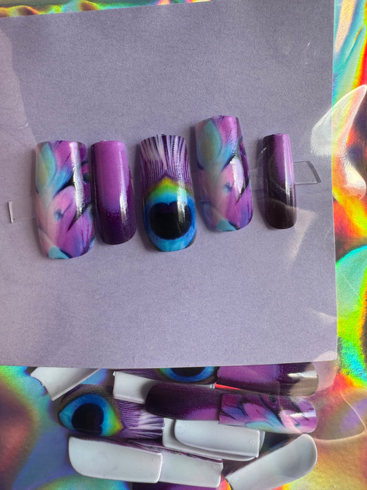 Press On Nails: Medium Square Purple Peacock