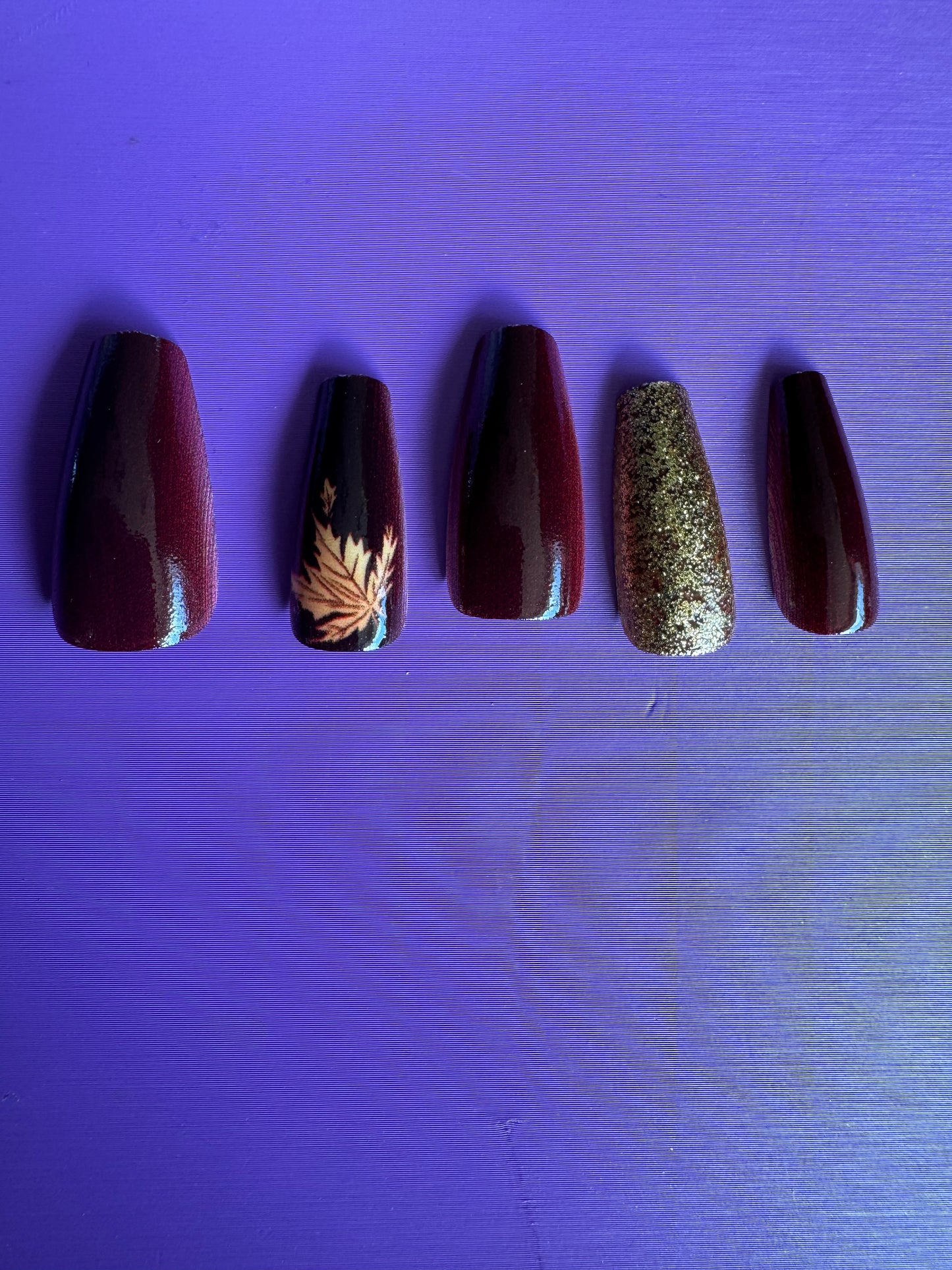 Press On Nails: Deep Red Fall Leaves Medium Coffin