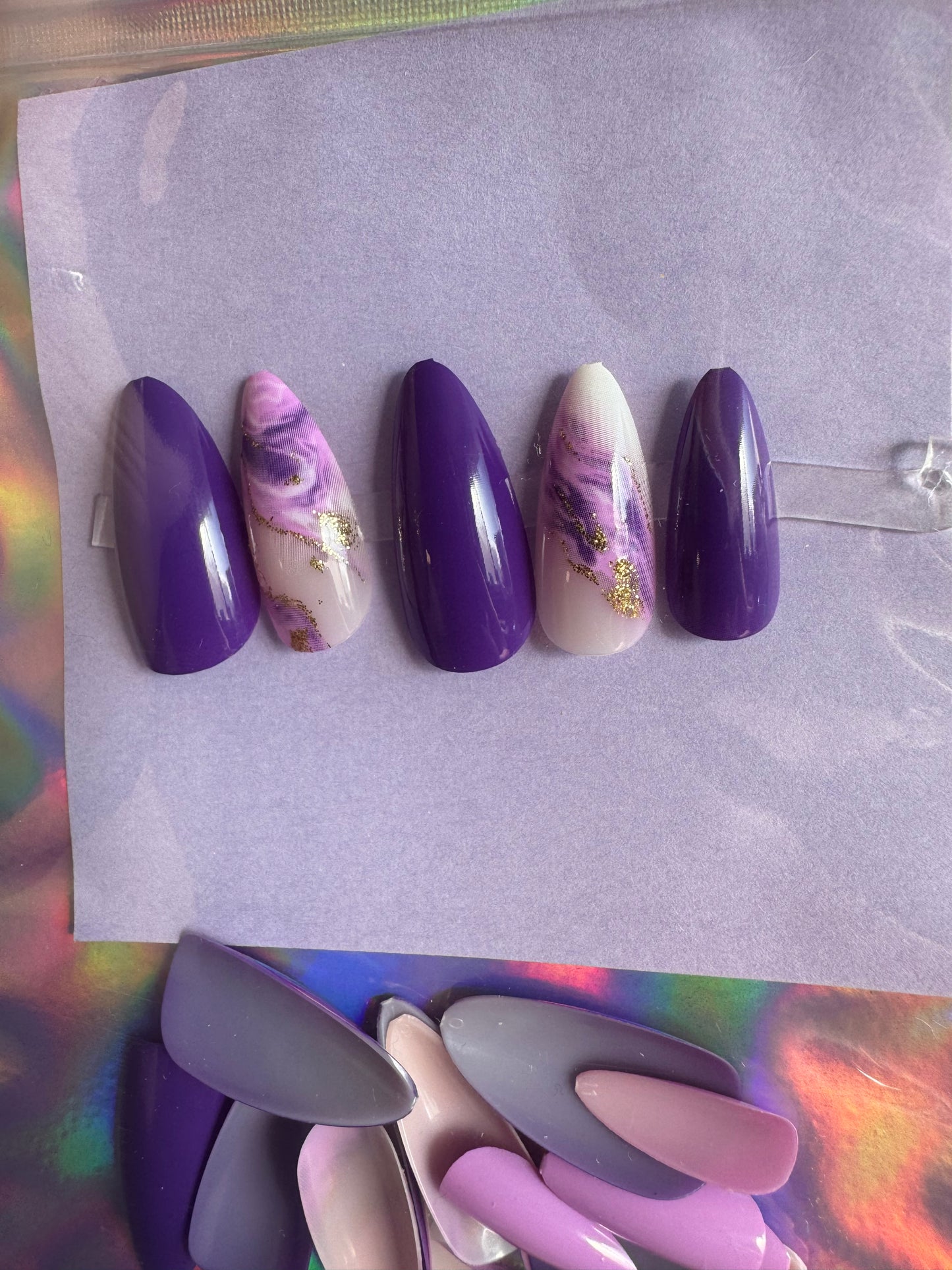 Press On Nails: Medium Almond Purple Marble