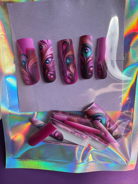 Press On Nails: Long Square Pink Peacock