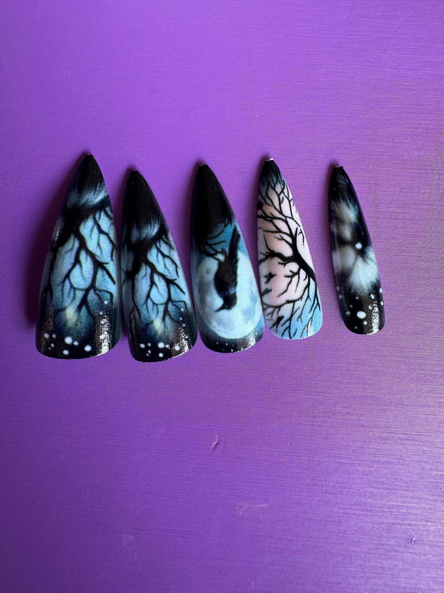 Press On Nails: Long Stiletto Style Crows & Trees