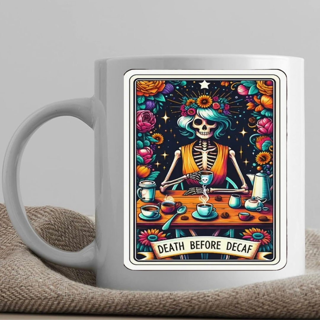 Tarot / Loteria Style Coffee Mug: Death Before Decaf