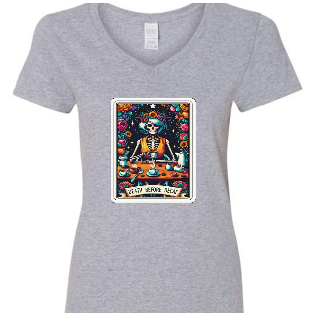 Tarot / Loteria Style T-shirt : Death Before Decaf