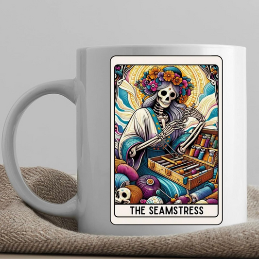 Tarot / Loteria Style Coffee Mug: The Seamstress