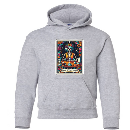 Tarot / Loteria Style Hoodie : Death Before Decaf