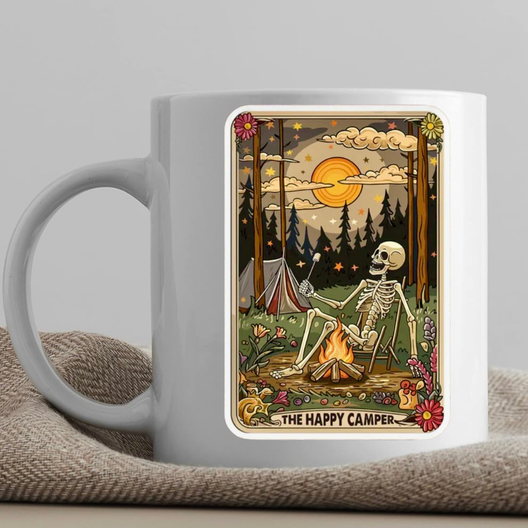 Tarot / Loteria Style Coffee Mug: The Happy Camper