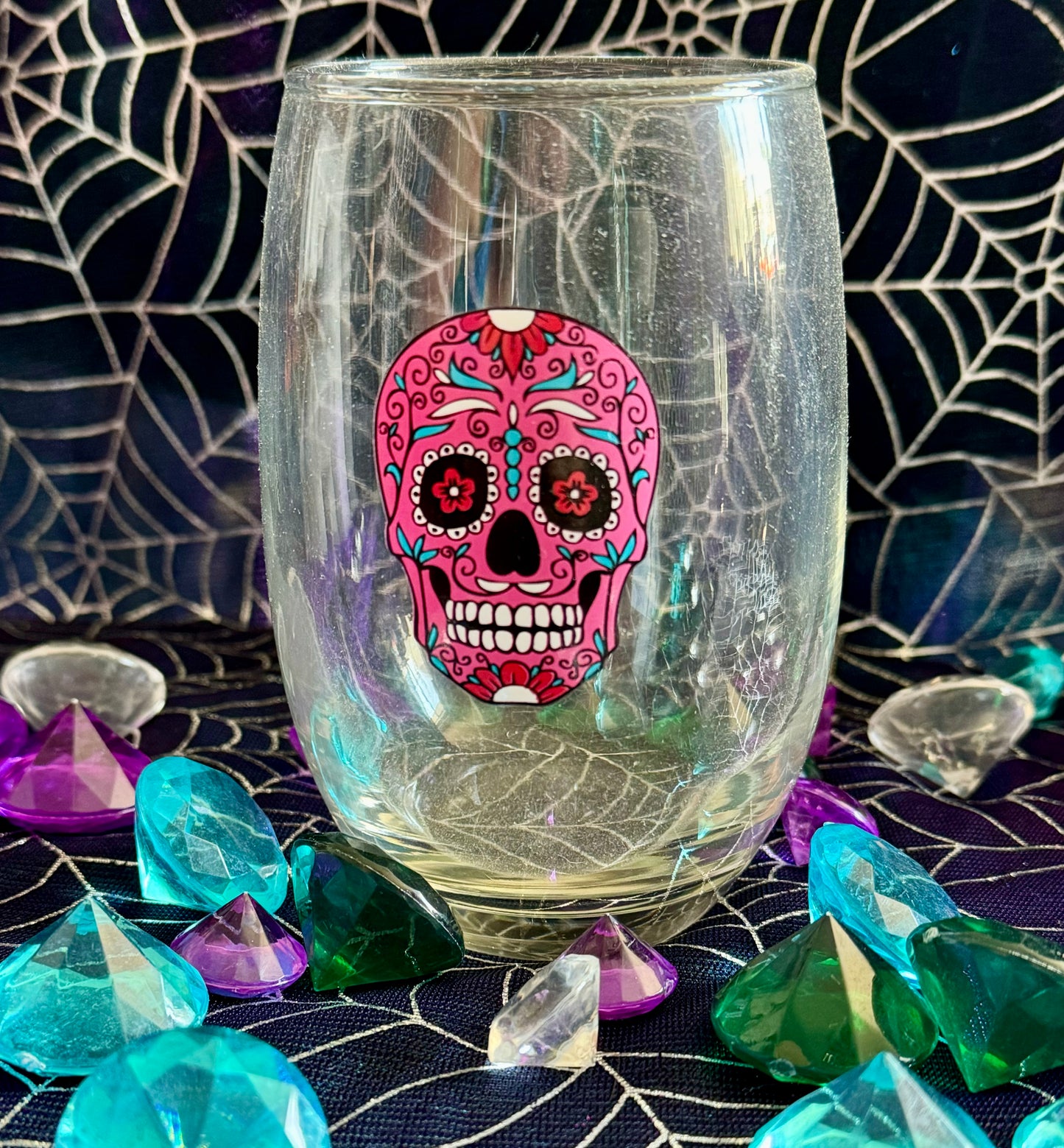 Day of the Dead Calavera Skull Stemless Wine Glass - Pink