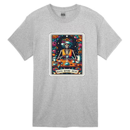 Tarot / Loteria Style T-shirt : Death Before Decaf