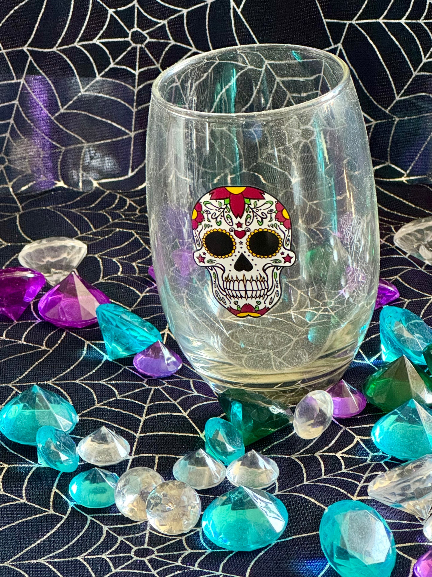 Day of the Dead Calavera Skull Stemless Wine Glass - White