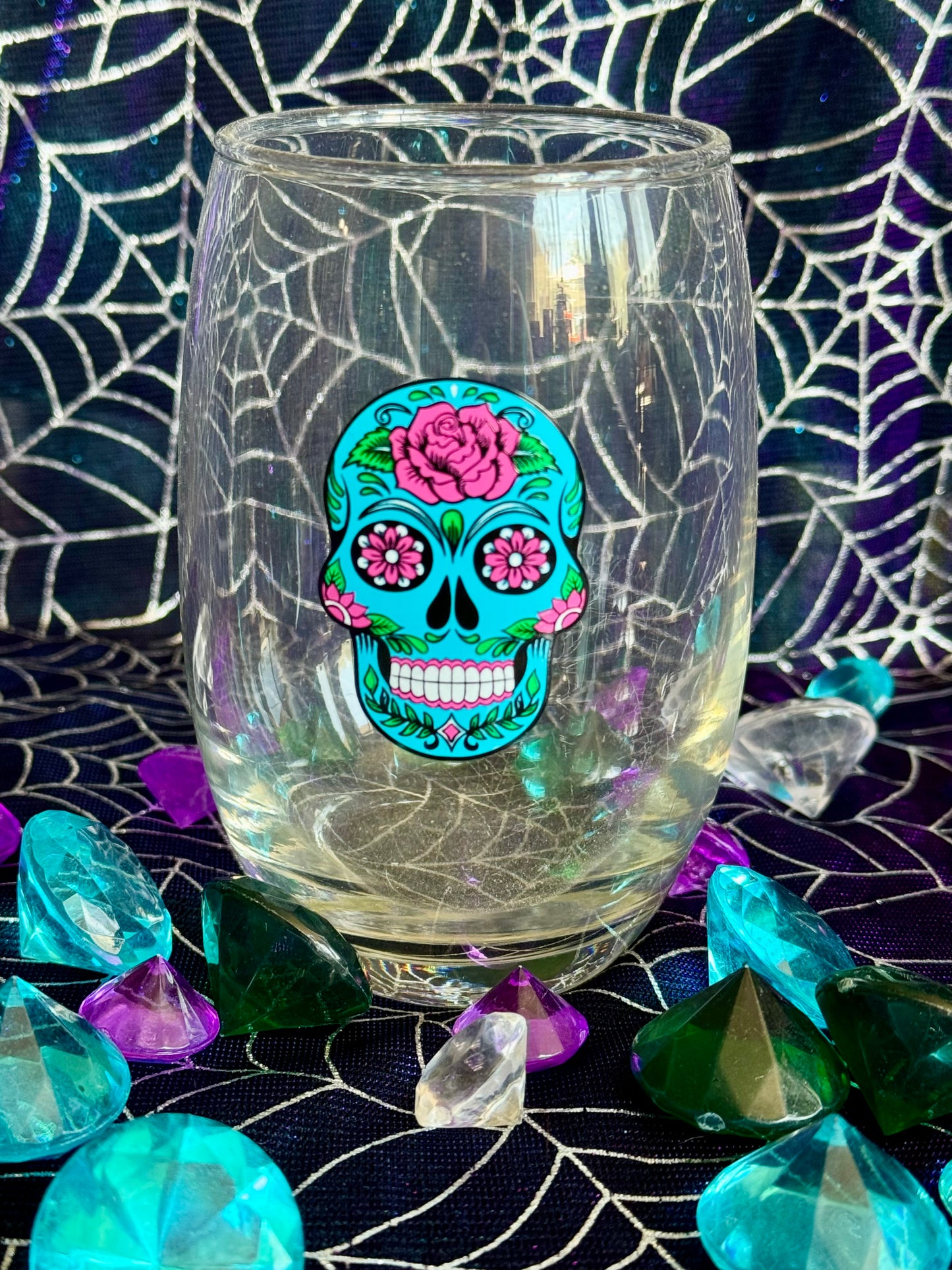 Day of the Dead Calavera Skull Stemless Wine Glass - Blue