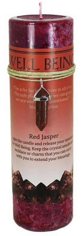 Well Being pillar candle with Red Jasper pendant